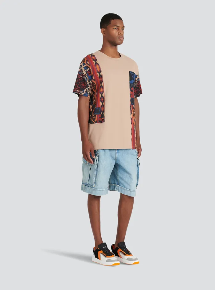 Balmain TShirts Mens Oversized Cotton TShirt With Multicolor Patchwork Print Beige Balmain TShirts Mens Oversized Cotton TShirt With Multicolor Patchwork Print Beige