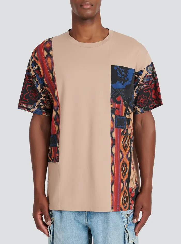 Balmain TShirts Mens Oversized Cotton TShirt With Multicolor Patchwork Print Beige Balmain TShirts Mens Oversized Cotton TShirt With Multicolor Patchwork Print Beige