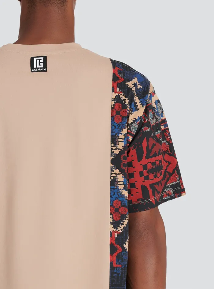 Balmain TShirts Mens Oversized Cotton TShirt With Multicolor Patchwork Print Beige Balmain TShirts Mens Oversized Cotton TShirt With Multicolor Patchwork Print Beige