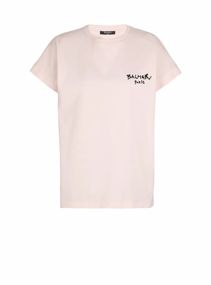 Balmain TShirts Womens Cotton TShirt With Small Flocked Graffiti Balmain Logo Pink Balmain TShirts Womens Cotton TShirt With Small Flocked Graffiti Balmain Logo Pink