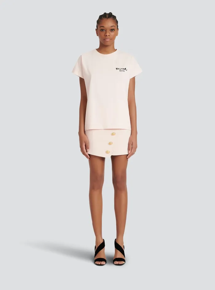 Balmain TShirts Womens Cotton TShirt With Small Flocked Graffiti Balmain Logo Pink Balmain TShirts Womens Cotton TShirt With Small Flocked Graffiti Balmain Logo Pink