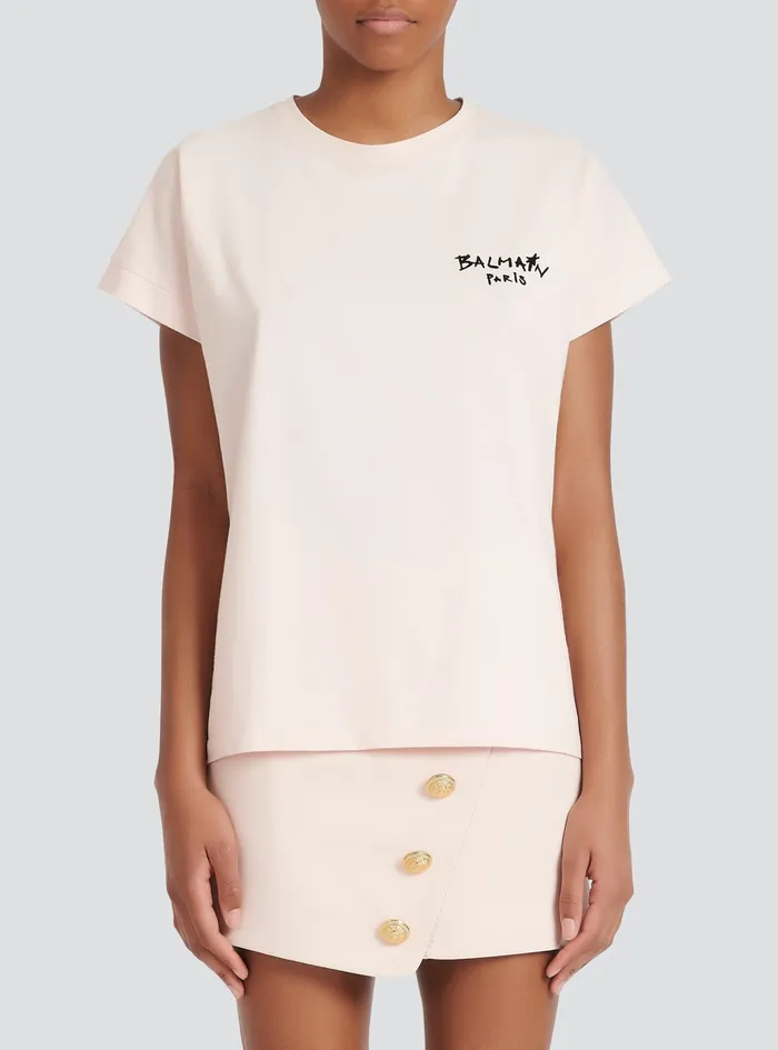 Balmain TShirts Womens Cotton TShirt With Small Flocked Graffiti Balmain Logo Pink Balmain TShirts Womens Cotton TShirt With Small Flocked Graffiti Balmain Logo Pink