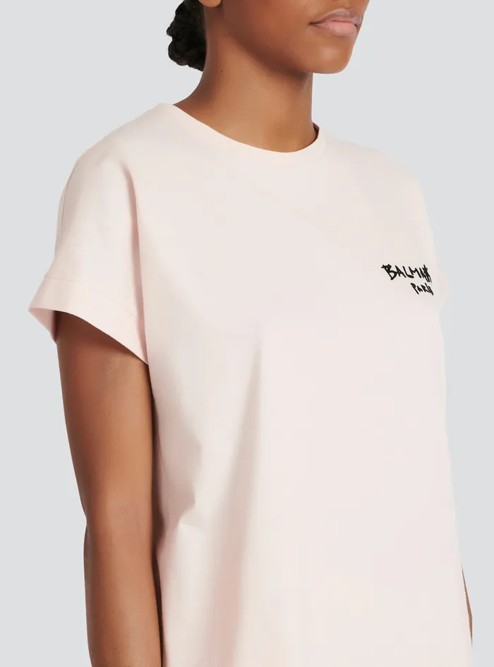 Balmain TShirts Womens Cotton TShirt With Small Flocked Graffiti Balmain Logo Pink Balmain TShirts Womens Cotton TShirt With Small Flocked Graffiti Balmain Logo Pink