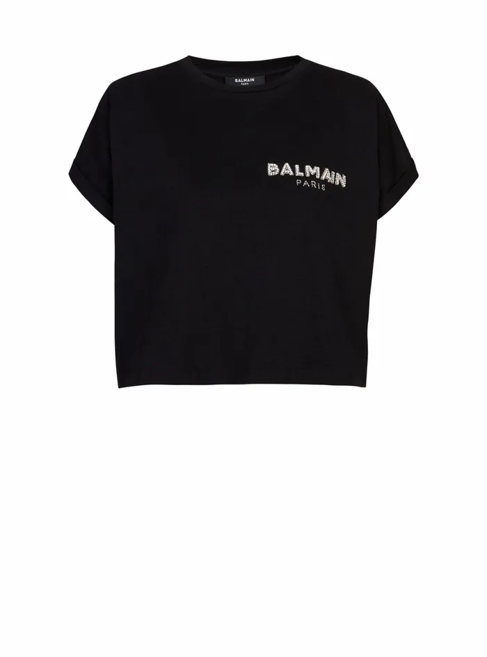 Balmain TShirts Womens Cropped Cotton TShirt With Small Flocked Balmain Logo Black Balmain TShirts Womens Cropped Cotton TShirt With Small Flocked Balmain Logo Black