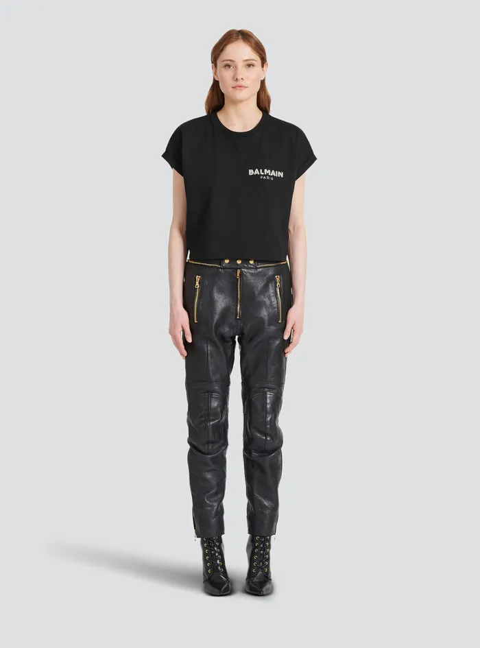 Balmain TShirts Womens Cropped Cotton TShirt With Small Flocked Balmain Logo Black Balmain TShirts Womens Cropped Cotton TShirt With Small Flocked Balmain Logo Black