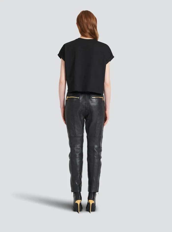 Balmain TShirts Womens Cropped Cotton TShirt With Small Flocked Balmain Logo Black Balmain TShirts Womens Cropped Cotton TShirt With Small Flocked Balmain Logo Black