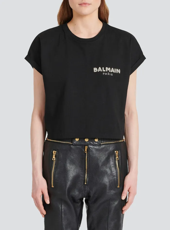 Balmain TShirts Womens Cropped Cotton TShirt With Small Flocked Balmain Logo Black Balmain TShirts Womens Cropped Cotton TShirt With Small Flocked Balmain Logo Black