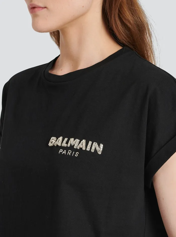 Balmain TShirts Womens Cropped Cotton TShirt With Small Flocked Balmain Logo Black Balmain TShirts Womens Cropped Cotton TShirt With Small Flocked Balmain Logo Black
