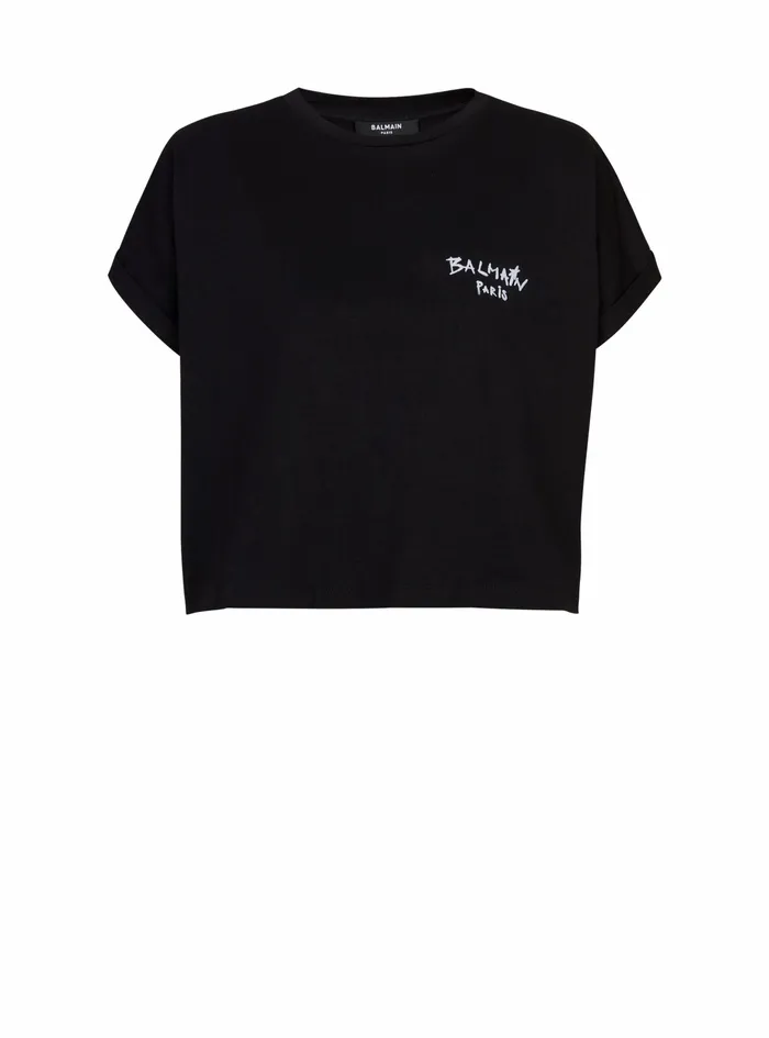 Balmain TShirts Womens Cropped Cotton TShirt With Small Flocked Graffiti Balmain Logo Black Balmain TShirts Womens Cropped Cotton TShirt With Small Flocked Graffiti Balmain Logo Black