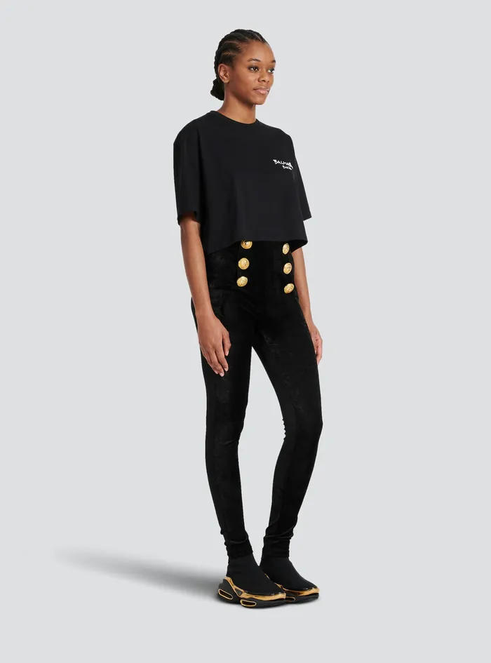 Balmain TShirts Womens Cropped Cotton TShirt With Small Flocked Graffiti Balmain Logo Black Balmain TShirts Womens Cropped Cotton TShirt With Small Flocked Graffiti Balmain Logo Black