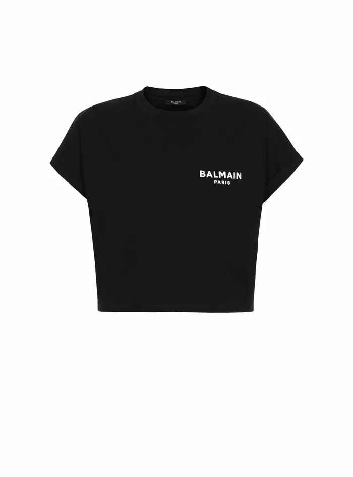 Balmain TShirts Womens Cropped EcoDesigned Cotton TShirt With Small Flocked Balmain Logo Black Balmain TShirts Womens Cropped EcoDesigned Cotton TShirt With Small Flocked Balmain Logo Black