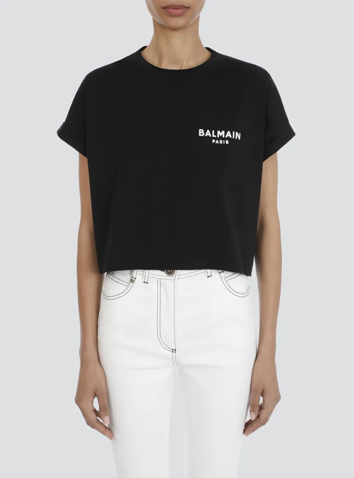 Balmain TShirts Womens Cropped EcoDesigned Cotton TShirt With Small Flocked Balmain Logo Black Balmain TShirts Womens Cropped EcoDesigned Cotton TShirt With Small Flocked Balmain Logo Black