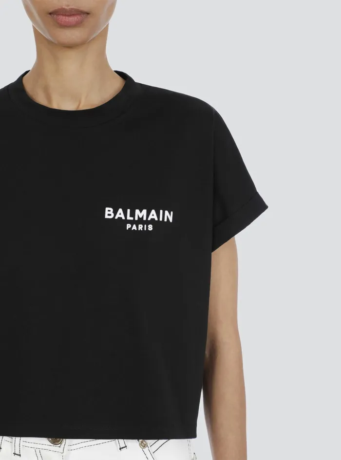 Balmain TShirts Womens Cropped EcoDesigned Cotton TShirt With Small Flocked Balmain Logo Black Balmain TShirts Womens Cropped EcoDesigned Cotton TShirt With Small Flocked Balmain Logo Black