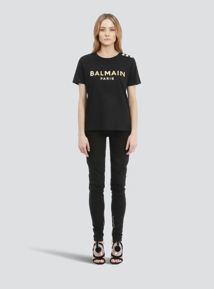 Balmain TShirts Womens EcoDesigned Cotton TShirt With Balmain Logo Print Black Balmain TShirts Womens EcoDesigned Cotton TShirt With Balmain Logo Print Black