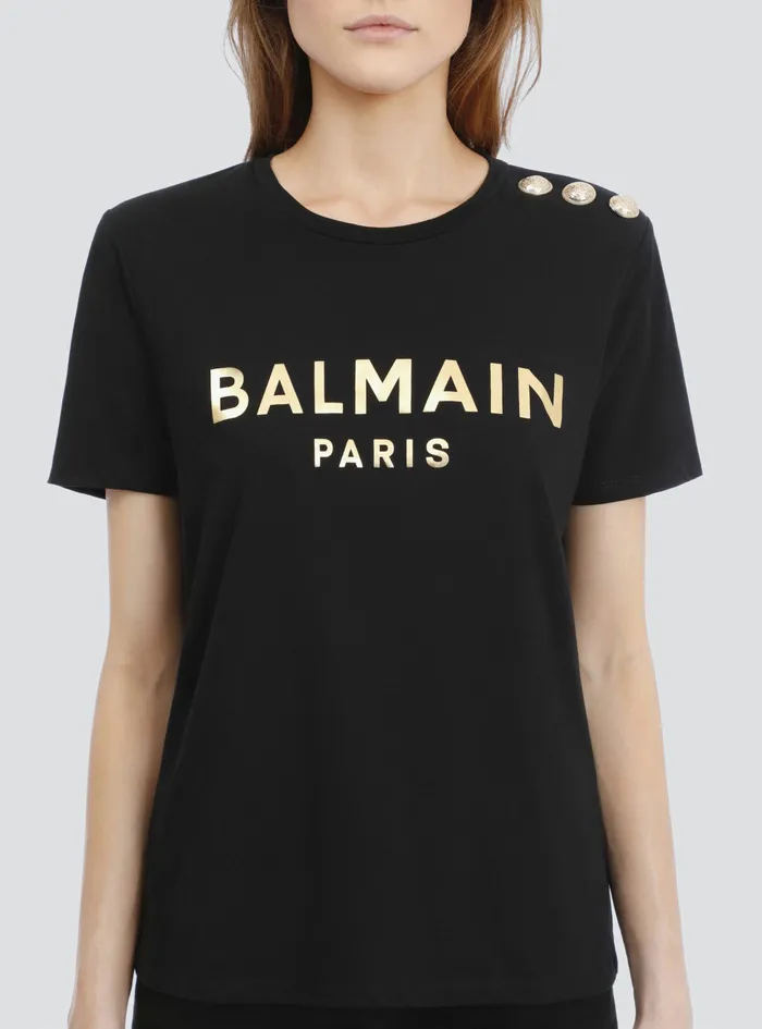 Balmain TShirts Womens EcoDesigned Cotton TShirt With Balmain Logo Print Black Balmain TShirts Womens EcoDesigned Cotton TShirt With Balmain Logo Print Black