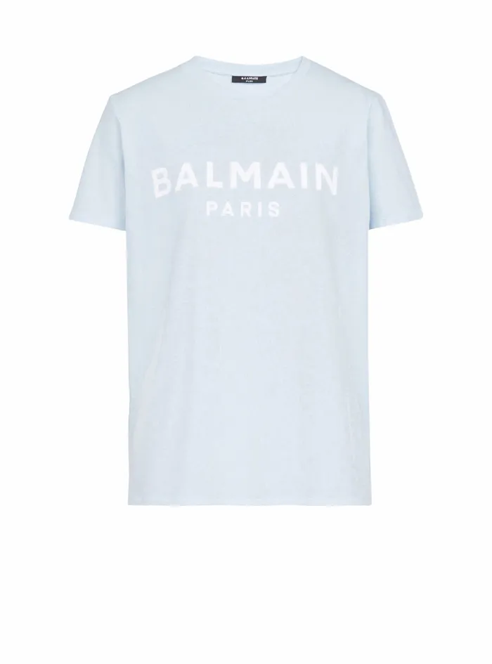 Balmain TShirts Womens EcoDesigned Cotton TShirt With Flocked Balmain Logo Blue Balmain TShirts Womens EcoDesigned Cotton TShirt With Flocked Balmain Logo Blue