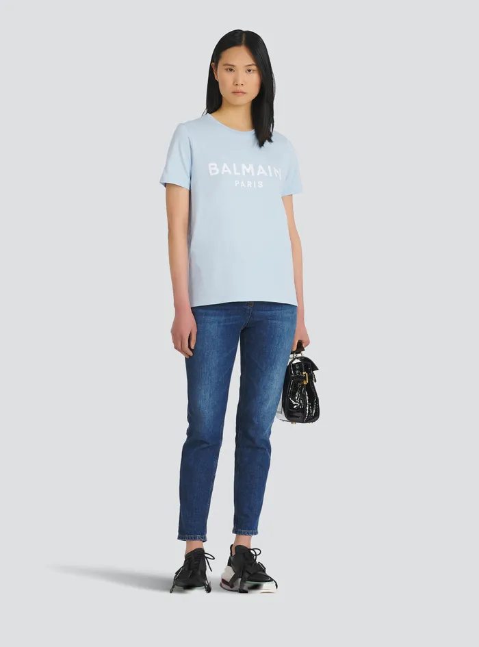 Balmain TShirts Womens EcoDesigned Cotton TShirt With Flocked Balmain Logo Blue Balmain TShirts Womens EcoDesigned Cotton TShirt With Flocked Balmain Logo Blue