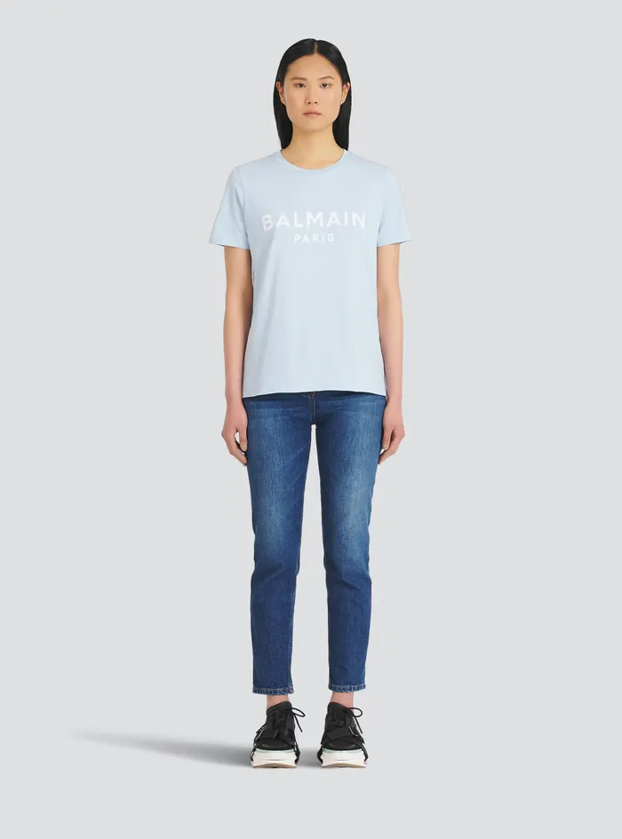 Balmain TShirts Womens EcoDesigned Cotton TShirt With Flocked Balmain Logo Blue Balmain TShirts Womens EcoDesigned Cotton TShirt With Flocked Balmain Logo Blue