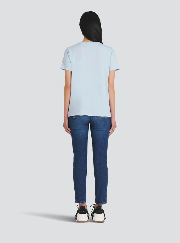 Balmain TShirts Womens EcoDesigned Cotton TShirt With Flocked Balmain Logo Blue Balmain TShirts Womens EcoDesigned Cotton TShirt With Flocked Balmain Logo Blue