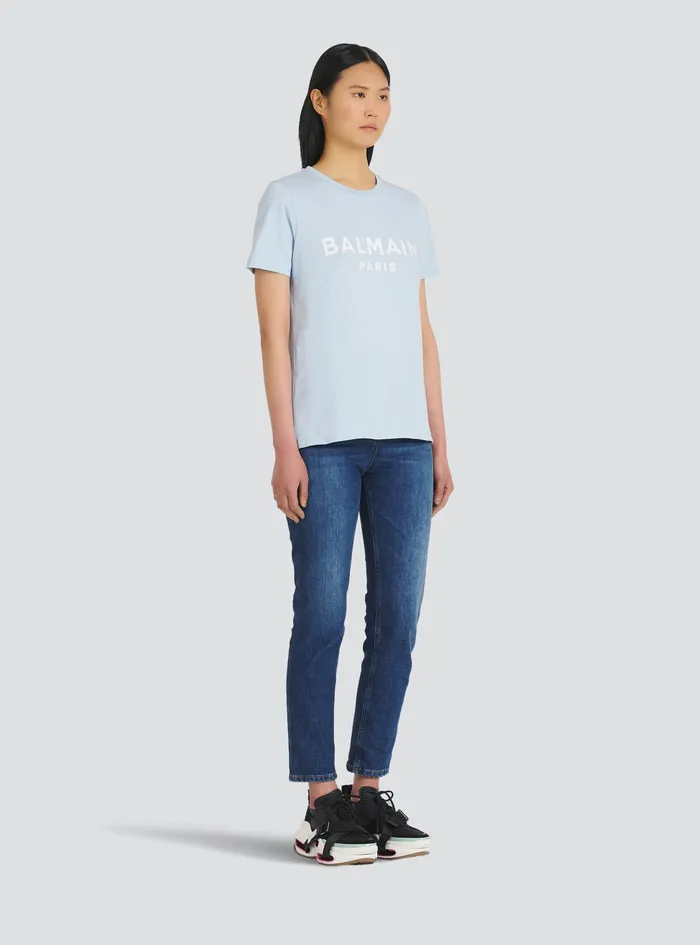 Balmain TShirts Womens EcoDesigned Cotton TShirt With Flocked Balmain Logo Blue Balmain TShirts Womens EcoDesigned Cotton TShirt With Flocked Balmain Logo Blue