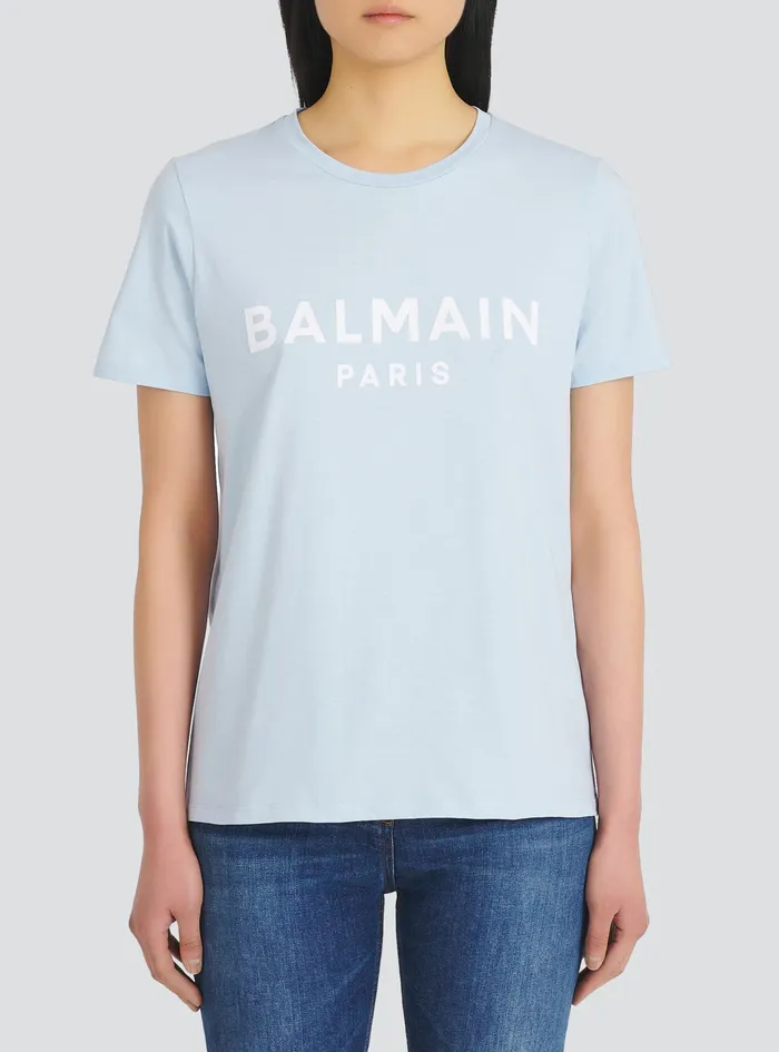 Balmain TShirts Womens EcoDesigned Cotton TShirt With Flocked Balmain Logo Blue Balmain TShirts Womens EcoDesigned Cotton TShirt With Flocked Balmain Logo Blue