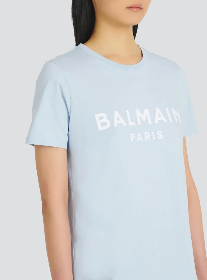Balmain TShirts Womens EcoDesigned Cotton TShirt With Flocked Balmain Logo Blue Balmain TShirts Womens EcoDesigned Cotton TShirt With Flocked Balmain Logo Blue