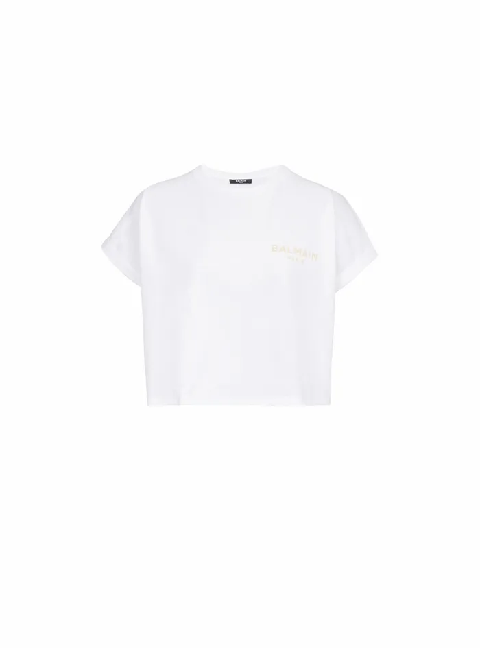 Balmain TShirts Womens Exclusive 8211 Cropped Cotton TShirt With Small Balmain Paris Logo White Balmain TShirts Womens Exclusive 8211 Cropped Cotton TShirt With Small Balmain Paris Logo White