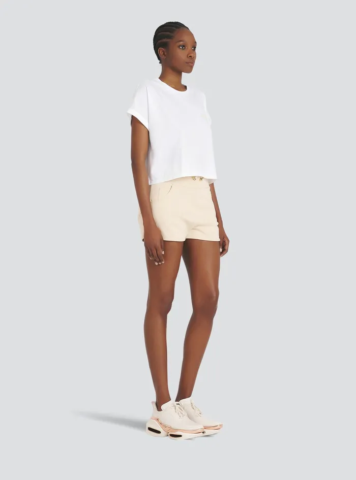 Balmain TShirts Womens Exclusive 8211 Cropped Cotton TShirt With Small Balmain Paris Logo White Balmain TShirts Womens Exclusive 8211 Cropped Cotton TShirt With Small Balmain Paris Logo White