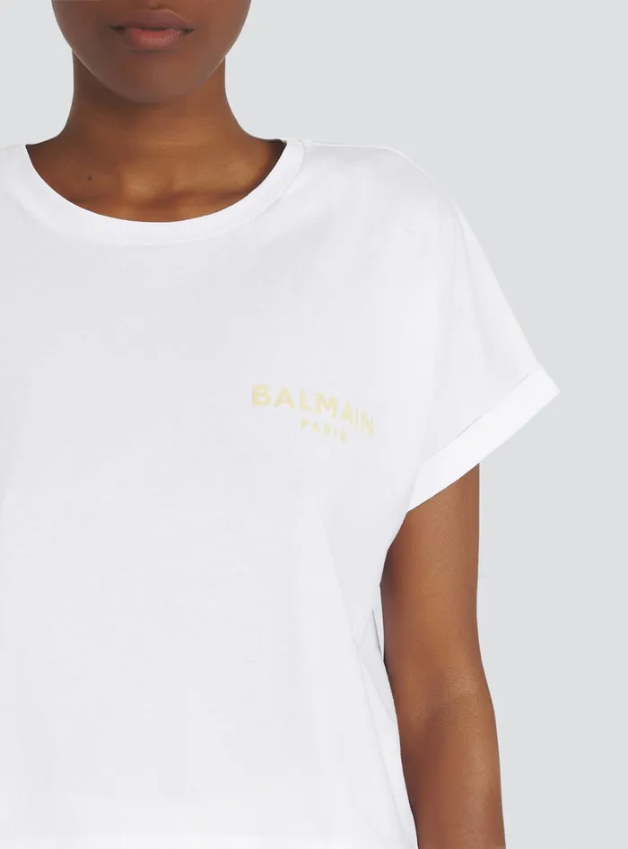 Balmain TShirts Womens Exclusive 8211 Cropped Cotton TShirt With Small Balmain Paris Logo White Balmain TShirts Womens Exclusive 8211 Cropped Cotton TShirt With Small Balmain Paris Logo White