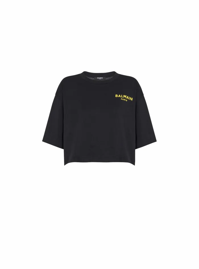 Balmain TShirts Womens X Netflix Cotton Cropped TShirt With Small Balmain Logo Print Black Balmain TShirts Womens X Netflix Cotton Cropped TShirt With Small Balmain Logo Print Black