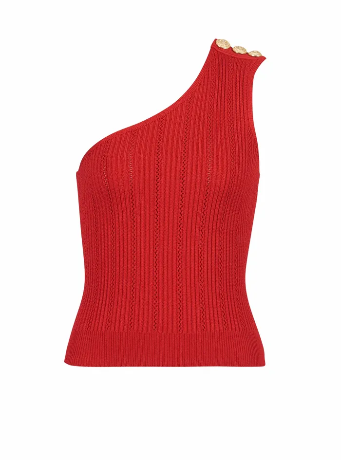 Balmain Tops And Shirts Womens Asymmetrical EcoDesigned Knit Crop Top Red