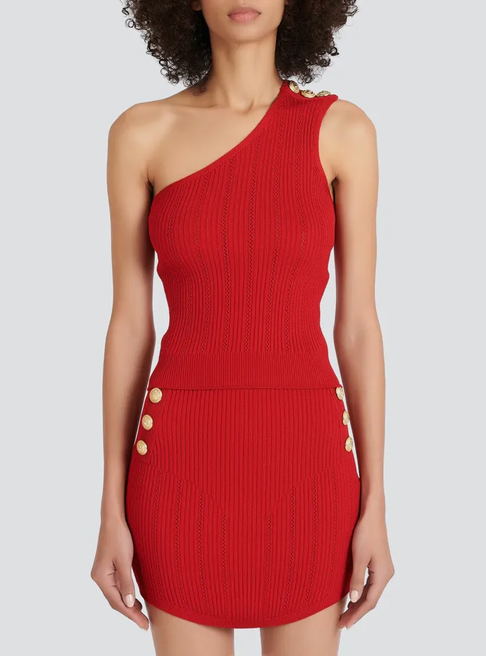 Balmain Tops And Shirts Womens Asymmetrical EcoDesigned Knit Crop Top Red Balmain Tops And Shirts Womens Asymmetrical EcoDesigned Knit Crop Top Red