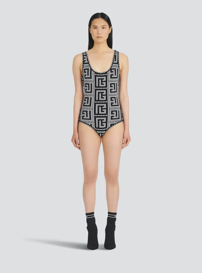 Balmain Tops And Shirts Womens Bicolor EcoDesigned Bodysuit With Balmain Monogram Mosaic Black