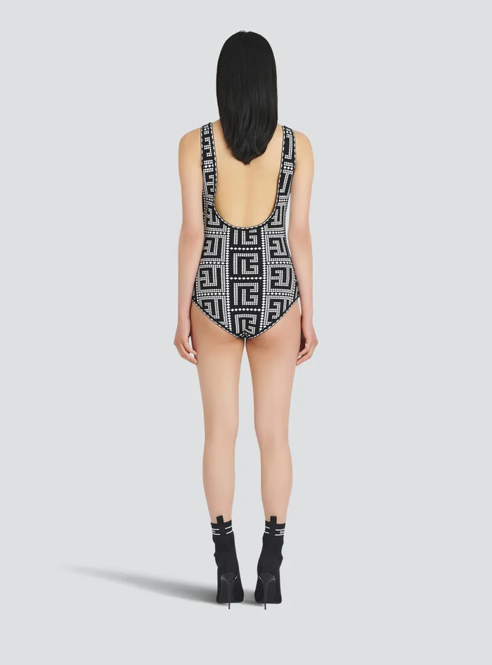 Balmain Tops And Shirts Womens Bicolor EcoDesigned Bodysuit With Balmain Monogram Mosaic Black