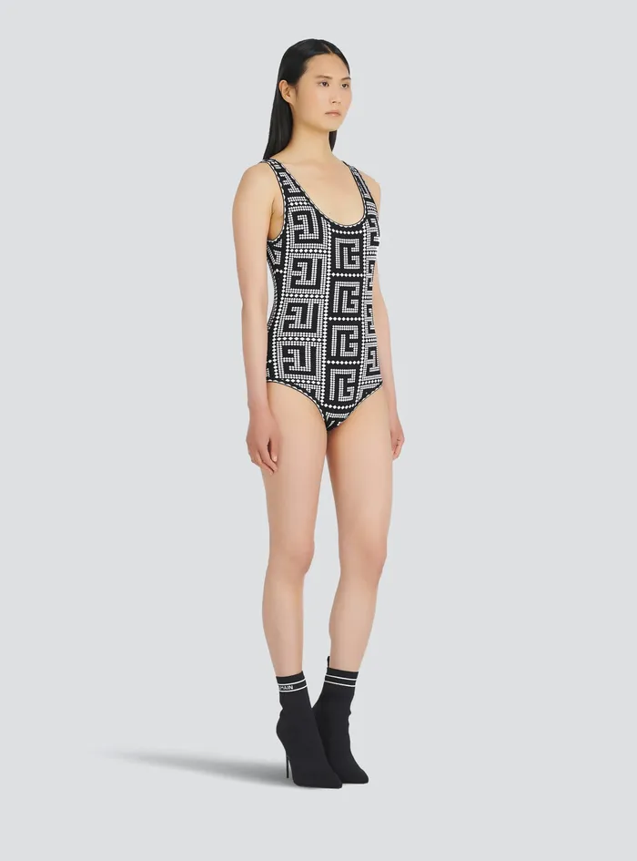 Balmain Tops And Shirts Womens Bicolor EcoDesigned Bodysuit With Balmain Monogram Mosaic Black