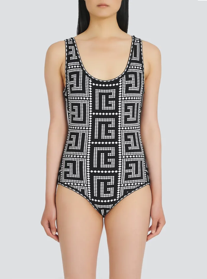 Balmain Tops And Shirts Womens Bicolor EcoDesigned Bodysuit With Balmain Monogram Mosaic Black