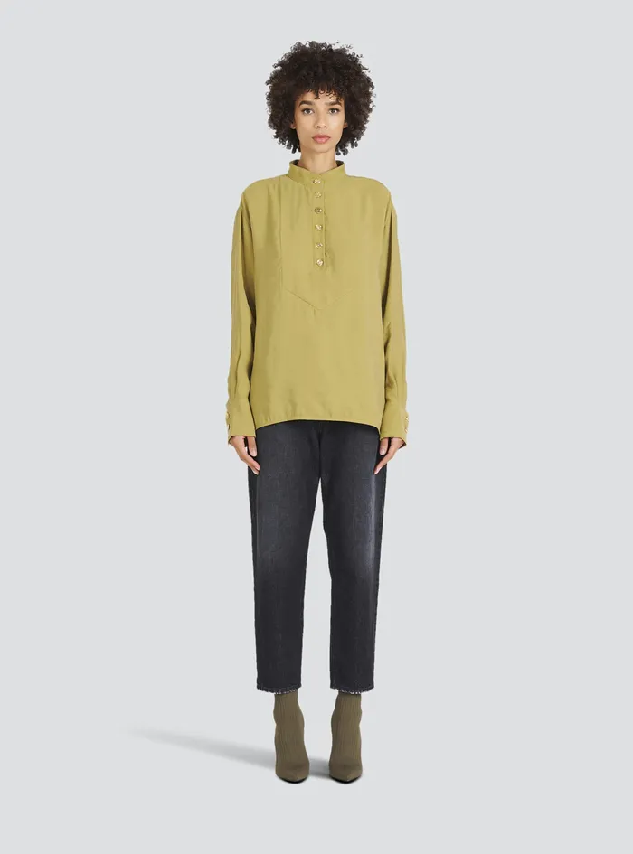 Balmain Tops And Shirts Womens Cotton Mao Shirt With GoldTone Buttons Beige Balmain Tops And Shirts Womens Cotton Mao Shirt With GoldTone Buttons Beige