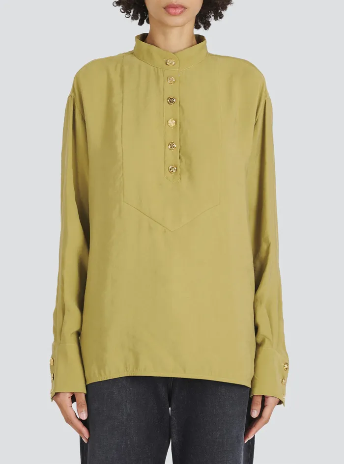 Balmain Tops And Shirts Womens Cotton Mao Shirt With GoldTone Buttons Beige Balmain Tops And Shirts Womens Cotton Mao Shirt With GoldTone Buttons Beige