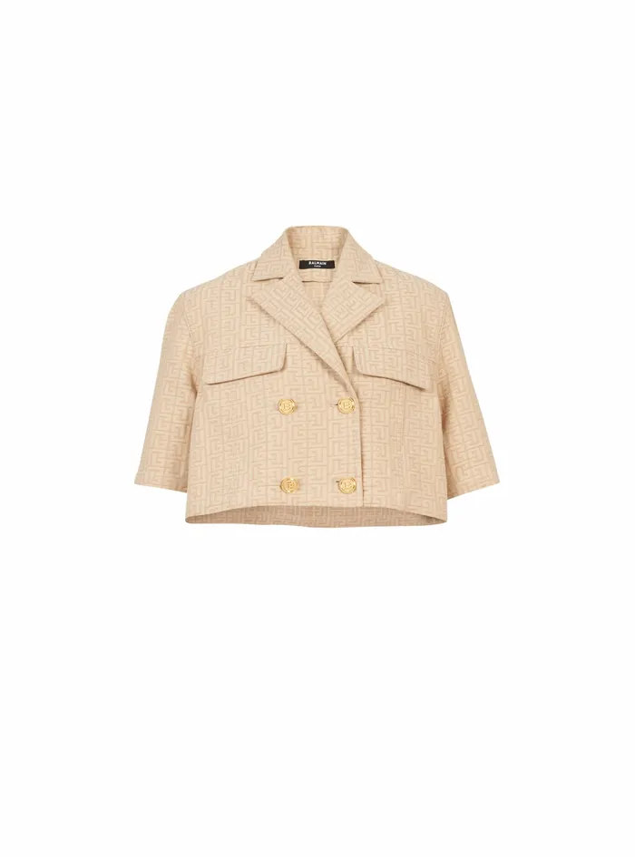Balmain Tops And Shirts Womens Cropped Balmain Monogram Jacquard Shirt Beige