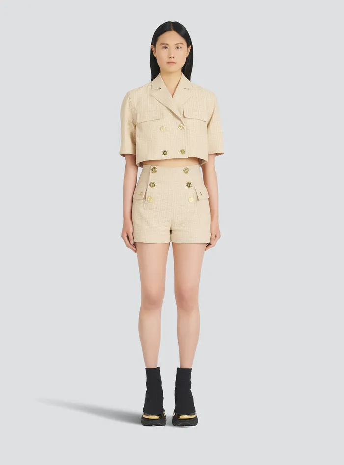 Balmain Tops And Shirts Womens Cropped Balmain Monogram Jacquard Shirt Beige Balmain Tops And Shirts Womens Cropped Balmain Monogram Jacquard Shirt Beige