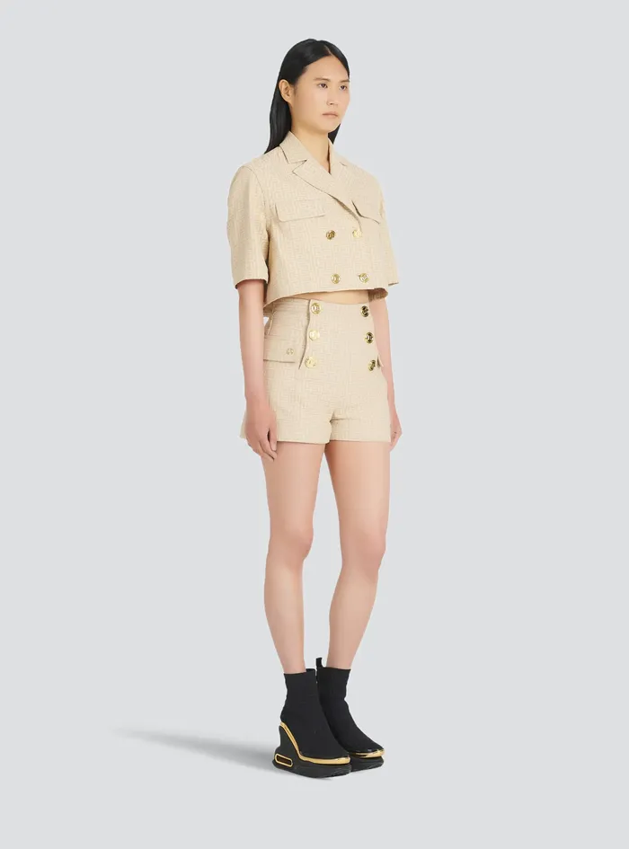 Balmain Tops And Shirts Womens Cropped Balmain Monogram Jacquard Shirt Beige Balmain Tops And Shirts Womens Cropped Balmain Monogram Jacquard Shirt Beige