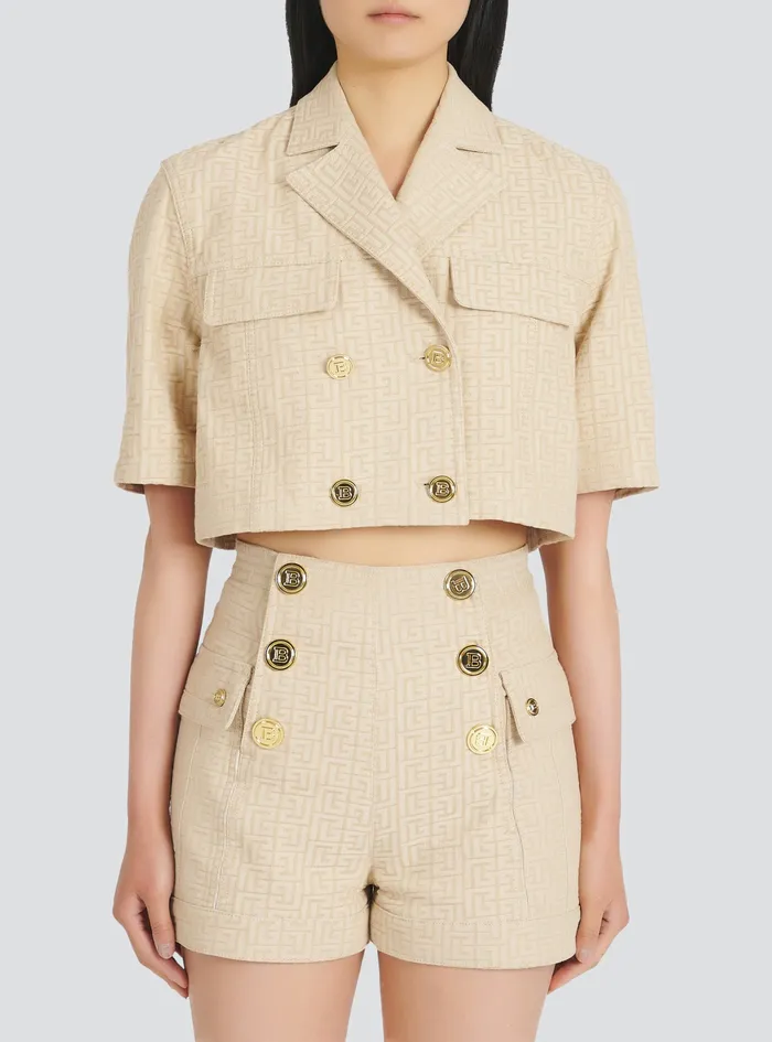 Balmain Tops And Shirts Womens Cropped Balmain Monogram Jacquard Shirt Beige Balmain Tops And Shirts Womens Cropped Balmain Monogram Jacquard Shirt Beige