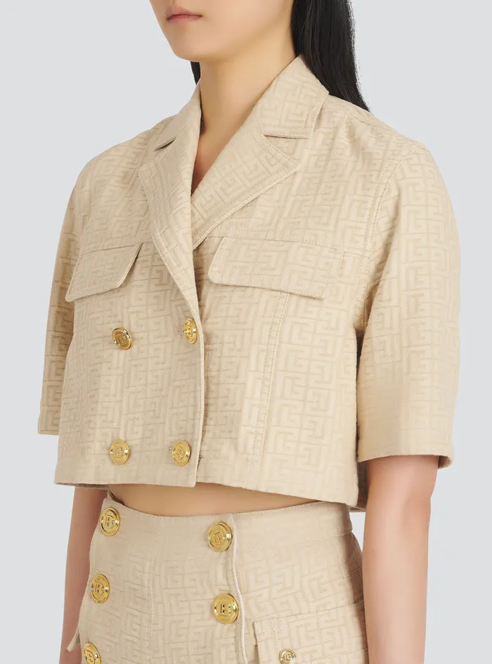 Balmain Tops And Shirts Womens Cropped Balmain Monogram Jacquard Shirt Beige Balmain Tops And Shirts Womens Cropped Balmain Monogram Jacquard Shirt Beige