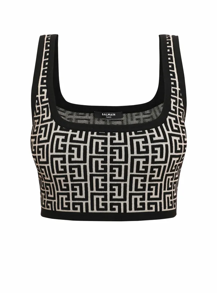Balmain Tops And Shirts Womens Cropped Bicolor Jacquard Sports Bra Top With Balmain Monogram Black Balmain Tops And Shirts Womens Cropped Bicolor Jacquard Sports Bra Top With Balmain Monogram Black