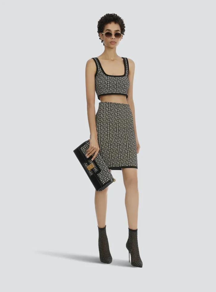 Balmain Tops And Shirts Womens Cropped Bicolor Jacquard Sports Bra Top With Balmain Monogram Black Balmain Tops And Shirts Womens Cropped Bicolor Jacquard Sports Bra Top With Balmain Monogram Black