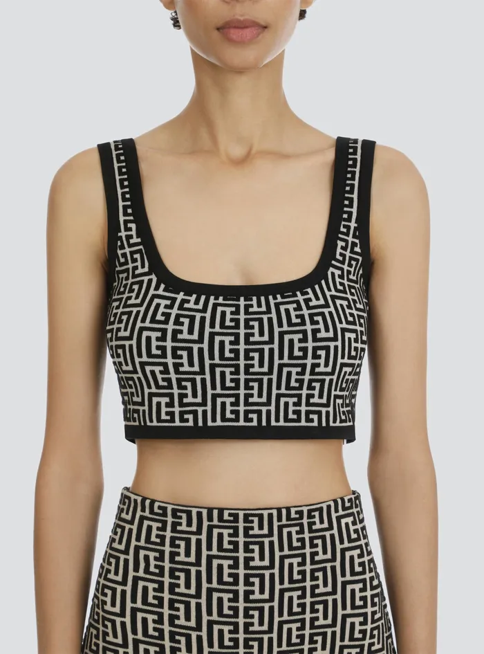 Balmain Tops And Shirts Womens Cropped Bicolor Jacquard Sports Bra Top With Balmain Monogram Black Balmain Tops And Shirts Womens Cropped Bicolor Jacquard Sports Bra Top With Balmain Monogram Black