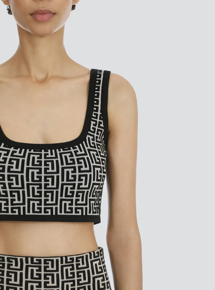 Balmain Tops And Shirts Womens Cropped Bicolor Jacquard Sports Bra Top With Balmain Monogram Black Balmain Tops And Shirts Womens Cropped Bicolor Jacquard Sports Bra Top With Balmain Monogram Black
