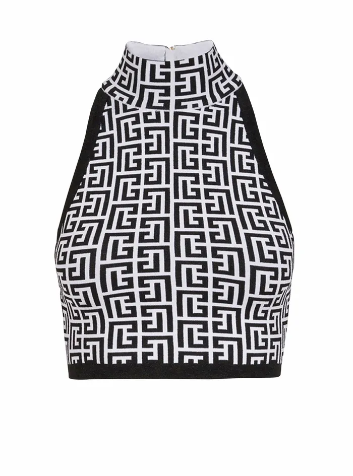 Balmain Tops And Shirts Womens Cropped Bicolor Knit Top With Monogram Print Black Balmain Tops And Shirts Womens Cropped Bicolor Knit Top With Monogram Print Black