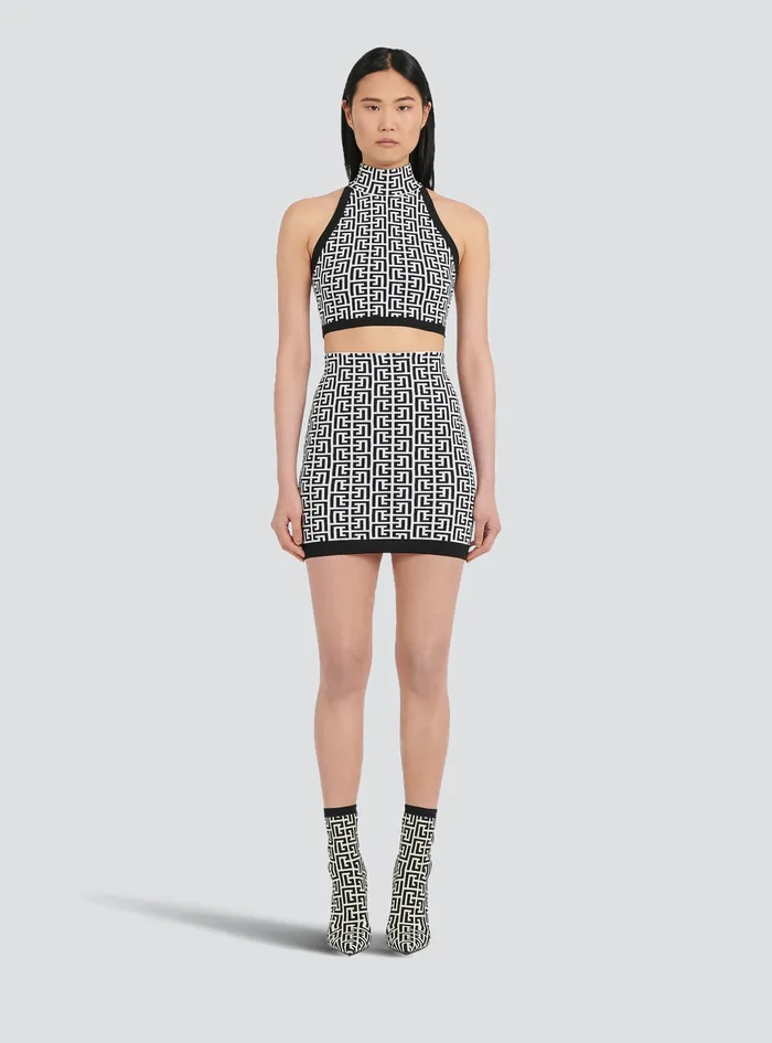 Balmain Tops And Shirts Womens Cropped Bicolor Knit Top With Monogram Print Black Balmain Tops And Shirts Womens Cropped Bicolor Knit Top With Monogram Print Black