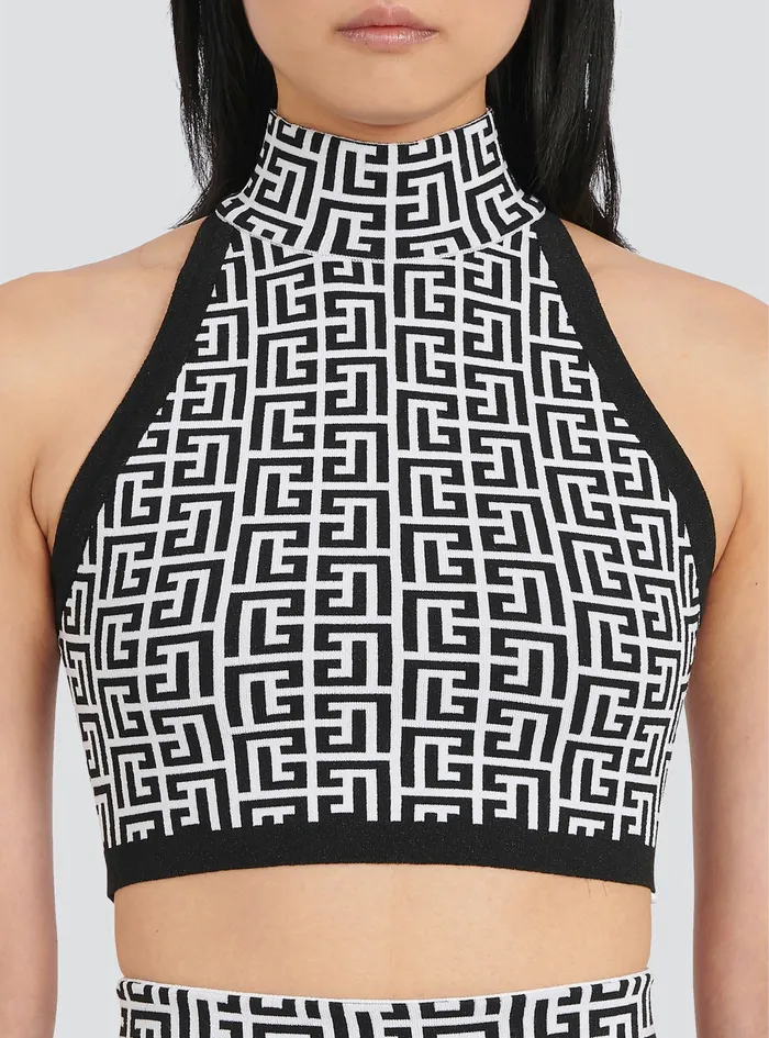 Balmain Tops And Shirts Womens Cropped Bicolor Knit Top With Monogram Print Black Balmain Tops And Shirts Womens Cropped Bicolor Knit Top With Monogram Print Black